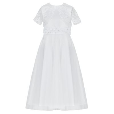 Girls' white sequin embellished back bow mesh dress